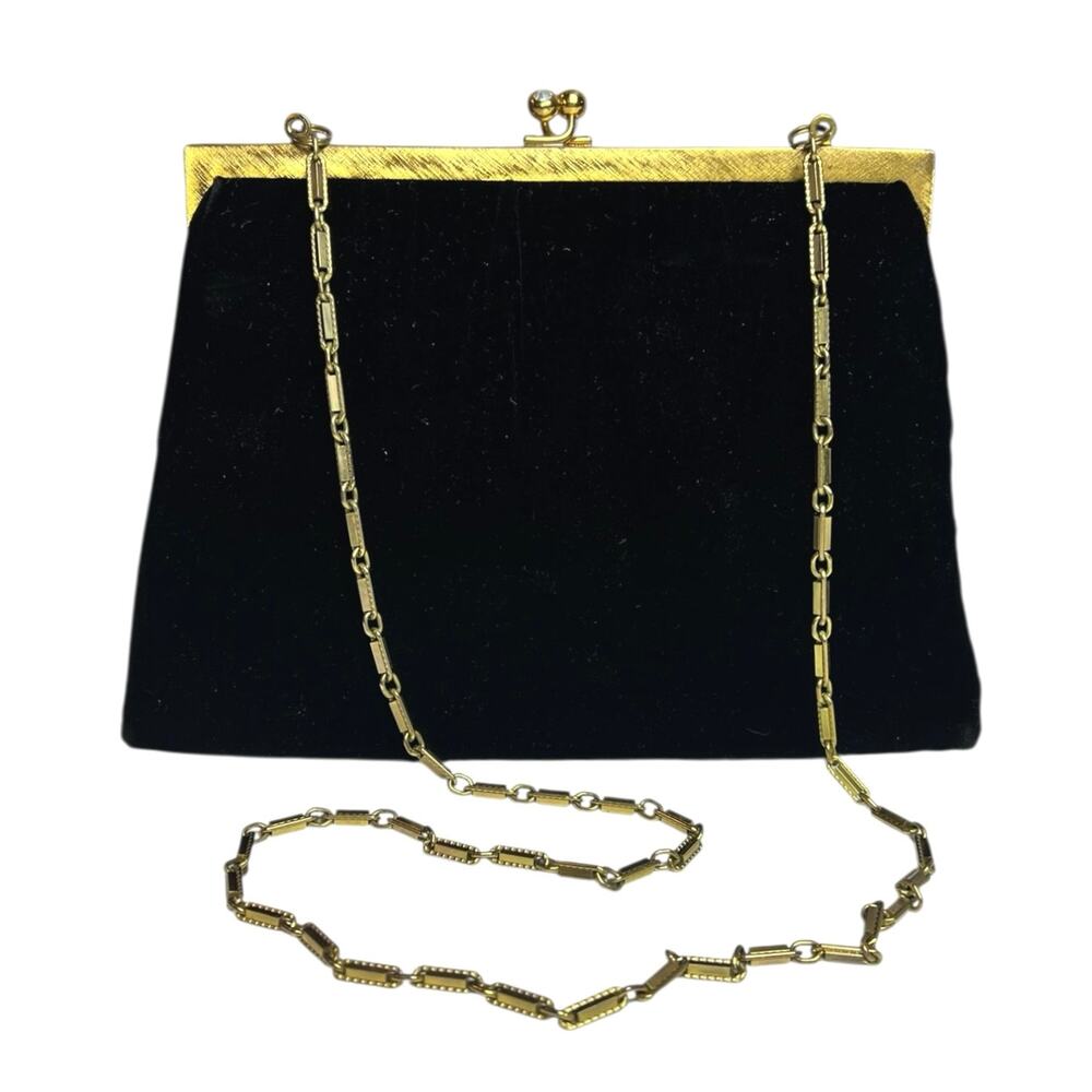 Vintage MM Morris Moskowitz Black Velvet Clutch Bag Gold Chain Strap